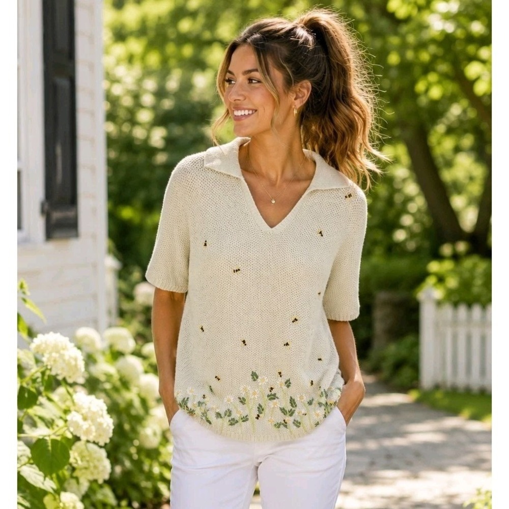 Vintage White Stag Plus 16W Bee Floral Embroidered Knit Sweater Grandma Cottage